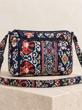 Vera Bradley Quilted Cotton Crossbody Bag Navy Red Floral Paisley